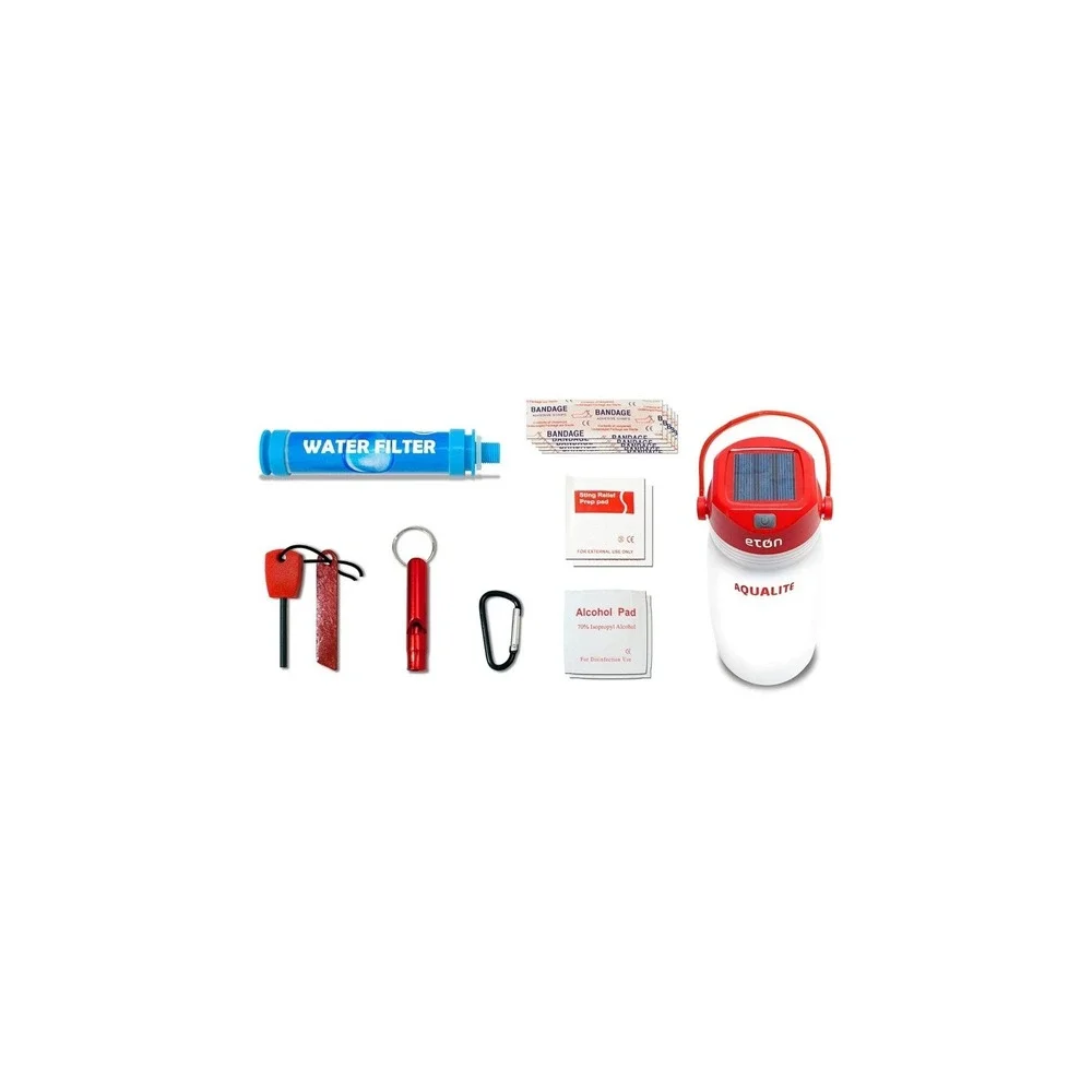 Eton Solar Powered Lantern Purification Straw Flint Whistle Basic Emergency‎ Kit